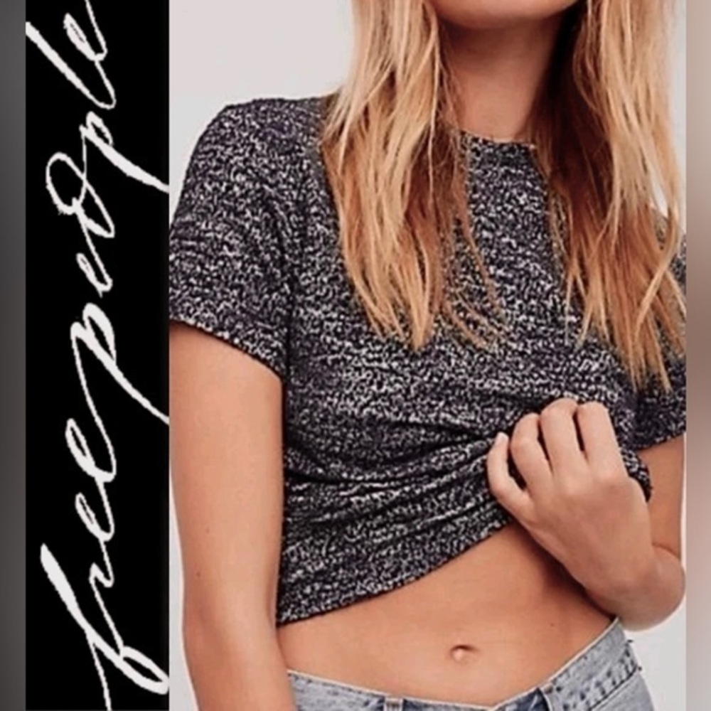 FREE PEOPLE Size XS Black Textured mock neck Boucle High Neck Crew Crop Top